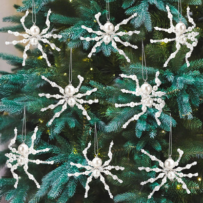 Reallnaive 8 Pcs White Christmas Spider Ornament Glitter Beaded Spider Hanging Ornaments Decorations for Christmas Tree Holiday Decor Gift