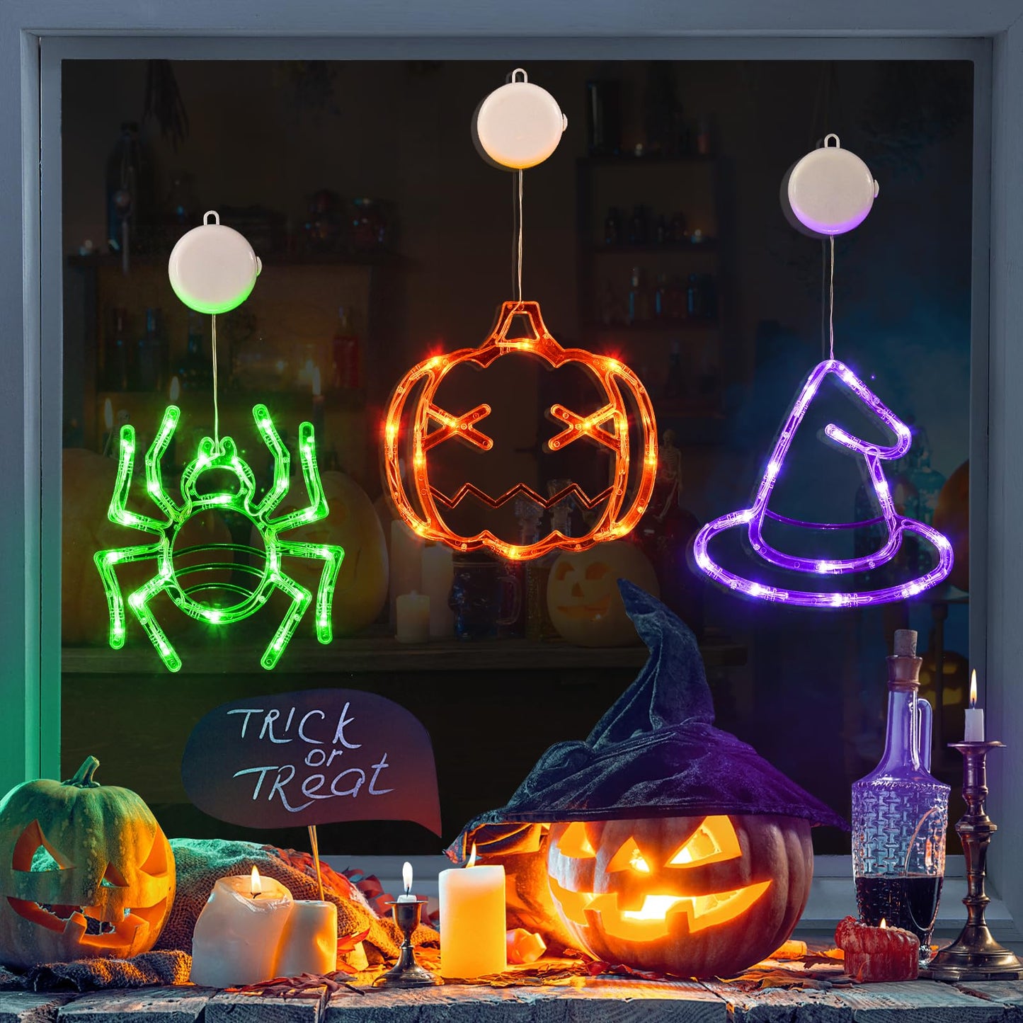 LOLStar Halloween Window Lights, 3 Pack Pumpkin, Spider, Witch Hat Lights
