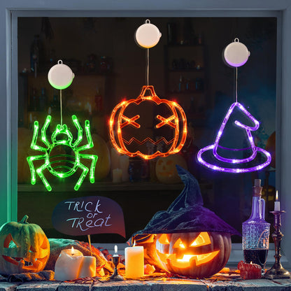 LOLStar Halloween Window Lights, 3 Pack Pumpkin, Spider, Witch Hat Lights