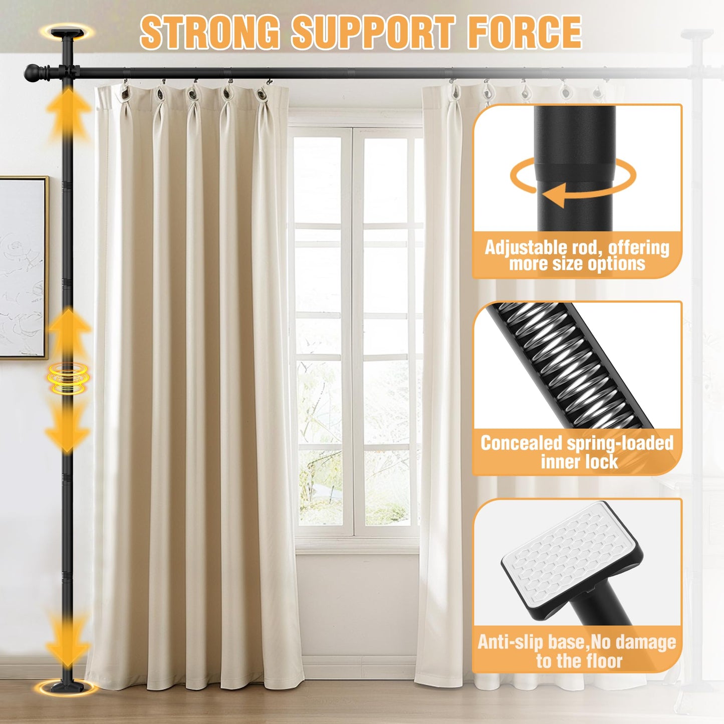 AKTOP Room Divider Curtain Rod, No Drilling Privacy Room Separator for Space Partition, 4-11ft(H) 28-117”(W) Adjustable Heavy Duty Floor to Ceiling Wall Divider Tension Rod for Room Separation, Black