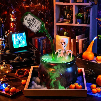 Halloween Decorations Indoor - Skeleton Cauldron Running Water Decor with Magic Floating Potion Bottles and Diffuser - Black Plastic Witches Bowl Summerween Decoration for Spooky Home Table (Set)