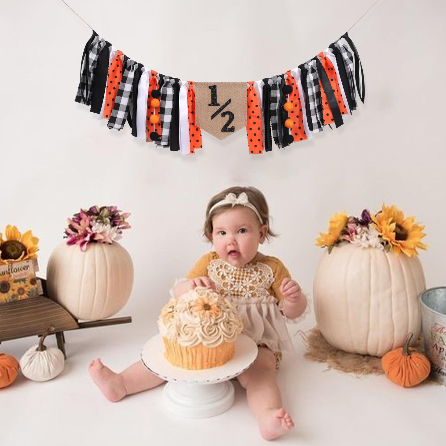 Halloween Half Birthday Highchair Banner - Black Orange Girls Half Birthday Banner, Spooky 1/2 Cake Smash Photo Backdrop, Fall Thanksgiving Day 6 Months Party Supplies