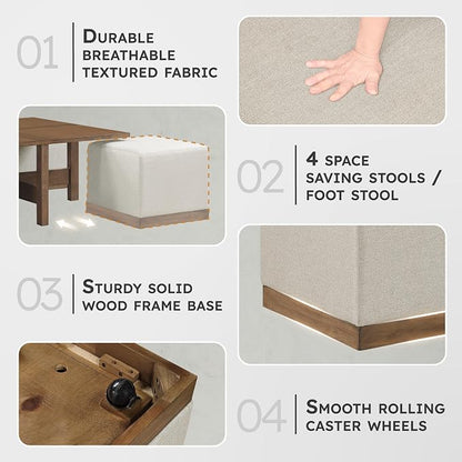 Lexicon 44" Square Coffee Table with 4 Upholstered Stools, Maple Veneer Wood Cocktail Table, Gray Upholstered Stools with Casters, Modern Living Room/Apartment Centerpiece, Full Assembled, Brown