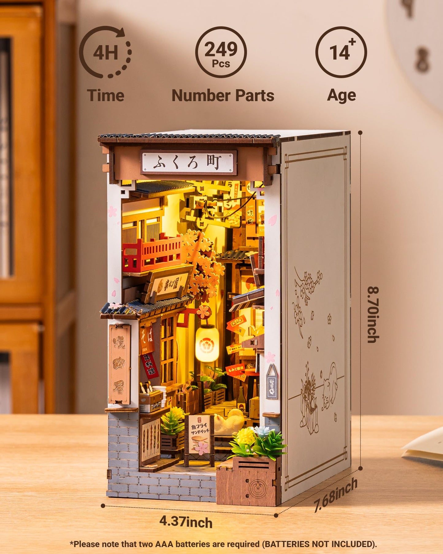 ROBOTIME Japanese Book Nook Kits, DIY Miniature House Kit for Adults 3D Wooden Puzzle, Bookends Bookshelf Diorama Creative Decorative Crafts Kits Unique Gifts for Teens & Beginners (Sakura Wine Alley)