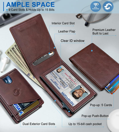 Housmai Wallet for Men, Slim Pop Up Card Holder with RFID Blocking, Minimalist Bifold Wallet with 9 Card Slots, ID Window and Cash Pocket, Metal Flip Case with Magnetic Closure, Gift Box