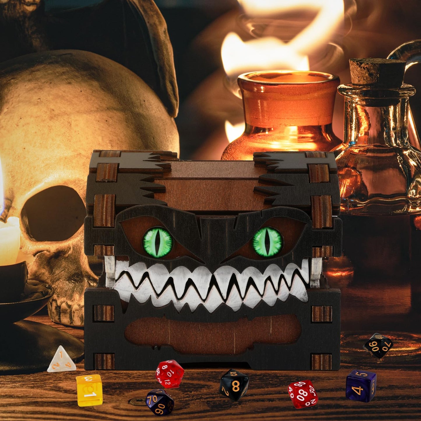 JULEASEL Mimic Dice Box – Wooden Monster Treasure Chest with Teeth & Green Eyes, Halloween Desk Decor Creepy Box, Funny Dice Storage for Tabletop RPG & Fantasy Games (Grimjaw)