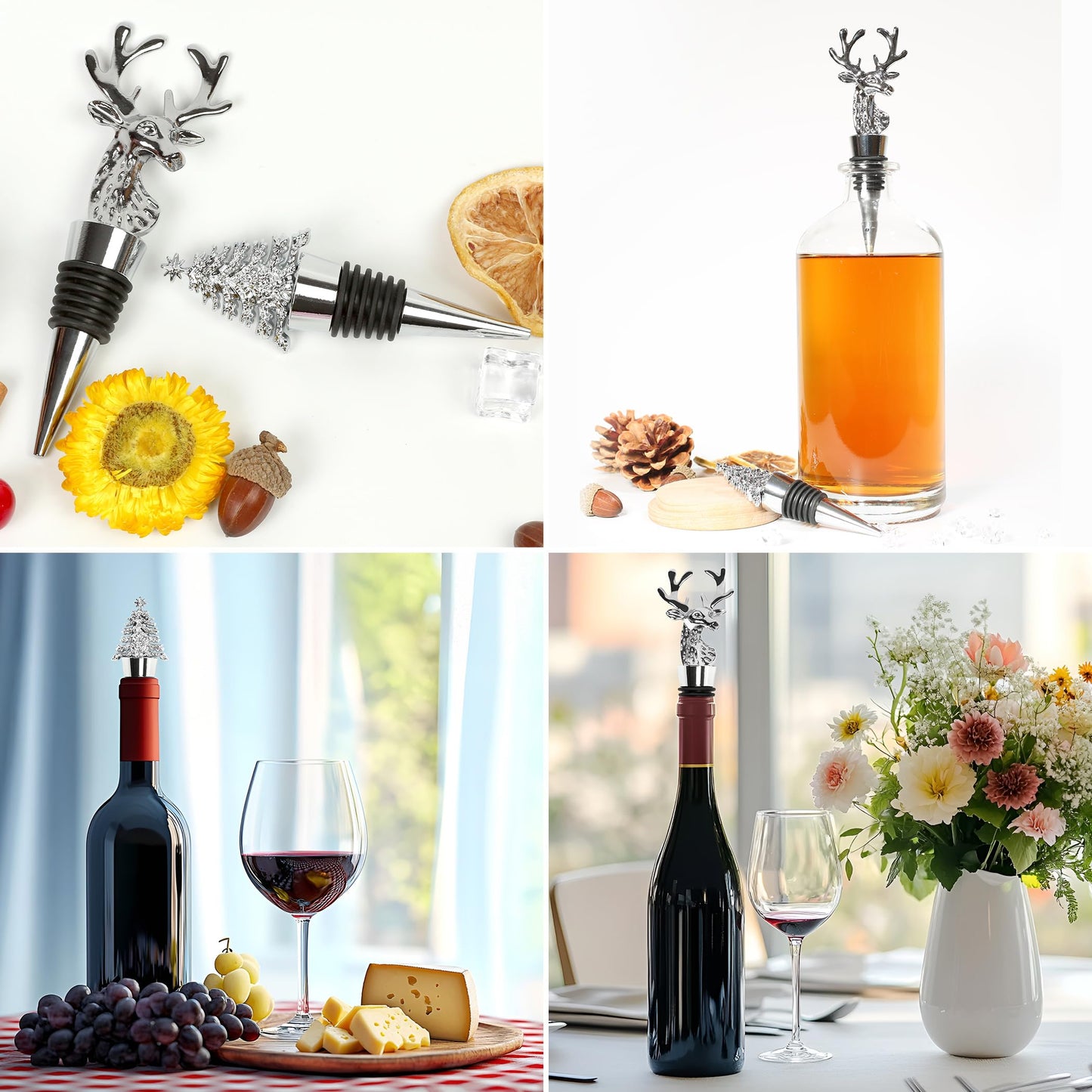 2Pack Christmas Wine Stopper, Elk & Christmas Tree Shape Decorative Wine Bottle Stopper, Food-Grade Silicone & Zinc Alloy Airtight Wine Cork for Wine Champagne, Xmas Party Home Bar Holiday Gift Silver