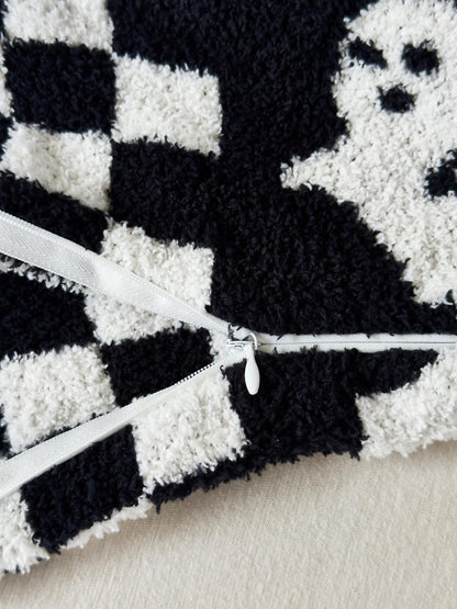 Ultra Soft Cozy Checkered Ghost Happy Halloween Knitted Throw Pillow Cover Fluffy Microfiber Checkerboard pillocase Lightweight Decorative for Sofa Bed 18 Inches Both Sides Black