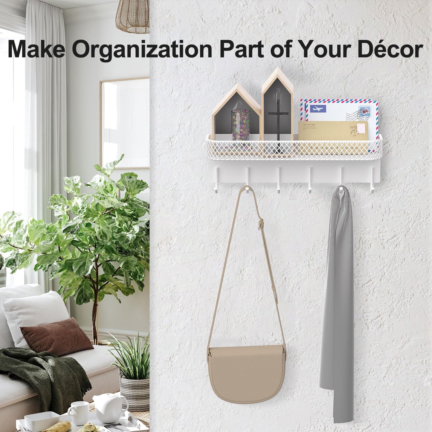 Lwenki Key Holder for Wall – Decorative Stainless Steel Key Hanger with 6 Hooks for Hats, Bags, Leashes – Mail Holder Key Rack with Mounting Hardware and Guide (9.65” x 2.8” x 2.2”) (White)