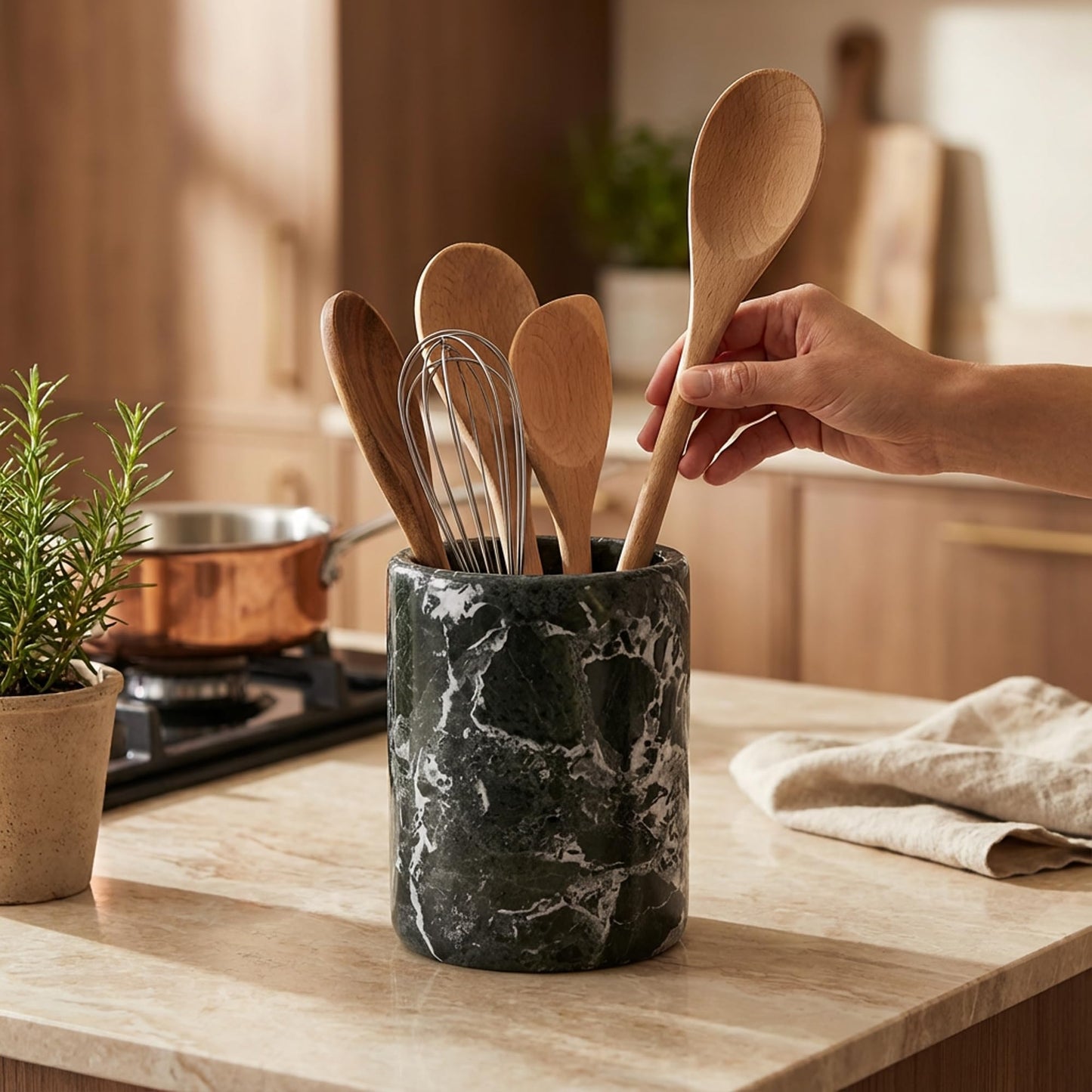 Radicaln Marble Utensil Holder 6.5" Inches Black Handmade Spatula Set for Kitchen Counter, Cooking Utensils Jar & Kitchen Essentials Organizer, Ideal Utensil Caddy & Spoons Holder