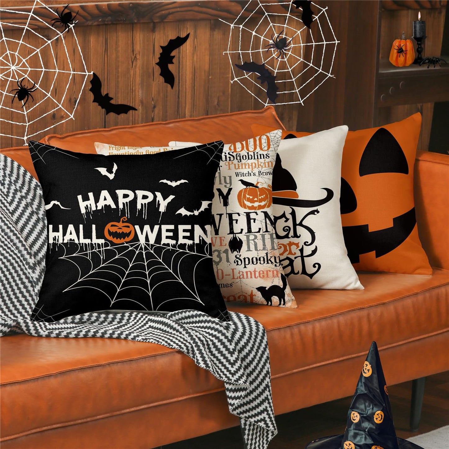 MODOVOS Halloween Pillow Covers 20x20 Set of 4 Spider Web Happy Halloween Decorations Jack-O-Lantern Pumpkin Throw Pillow Covers Witch Hat Trick or Treat Cushion Case for Sofa Couch