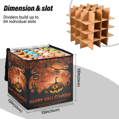 YETTASBIN Halloween Pumpkin Large Christmas Ornament Storage Box with Zipper & Adjustable Dividers, Storage Container with Lid & Handles for 64 Holiday Ornaments 3-Inch, 13 x 13 Inch