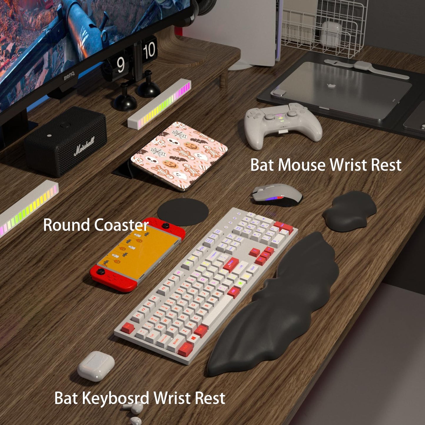Tscuite Keyboard Wrist Rest - Soft Leather Halloween Bat Wrist Pad for Mouse Wrist Rest with Non-Slip Base, Wrist Pad for Keyboard,Arm Rest for Desk Computer Laptop Mac Gaming Office Black