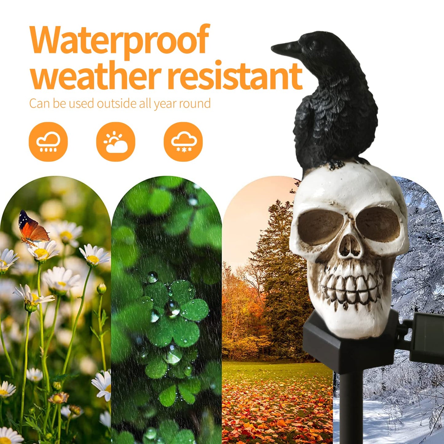 QH & Garden Halloween Outdoor Decoration Solar Lights, Waterproof Ghost Lights, Skull Solar Garden Statue with Black Crow on Skull, Skeleton Stakes with LED, Stunning Halloween Decorations