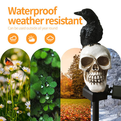 QH & Garden Halloween Outdoor Decoration Solar Lights, Waterproof Ghost Lights, Skull Solar Garden Statue with Black Crow on Skull, Skeleton Stakes with LED, Stunning Halloween Decorations