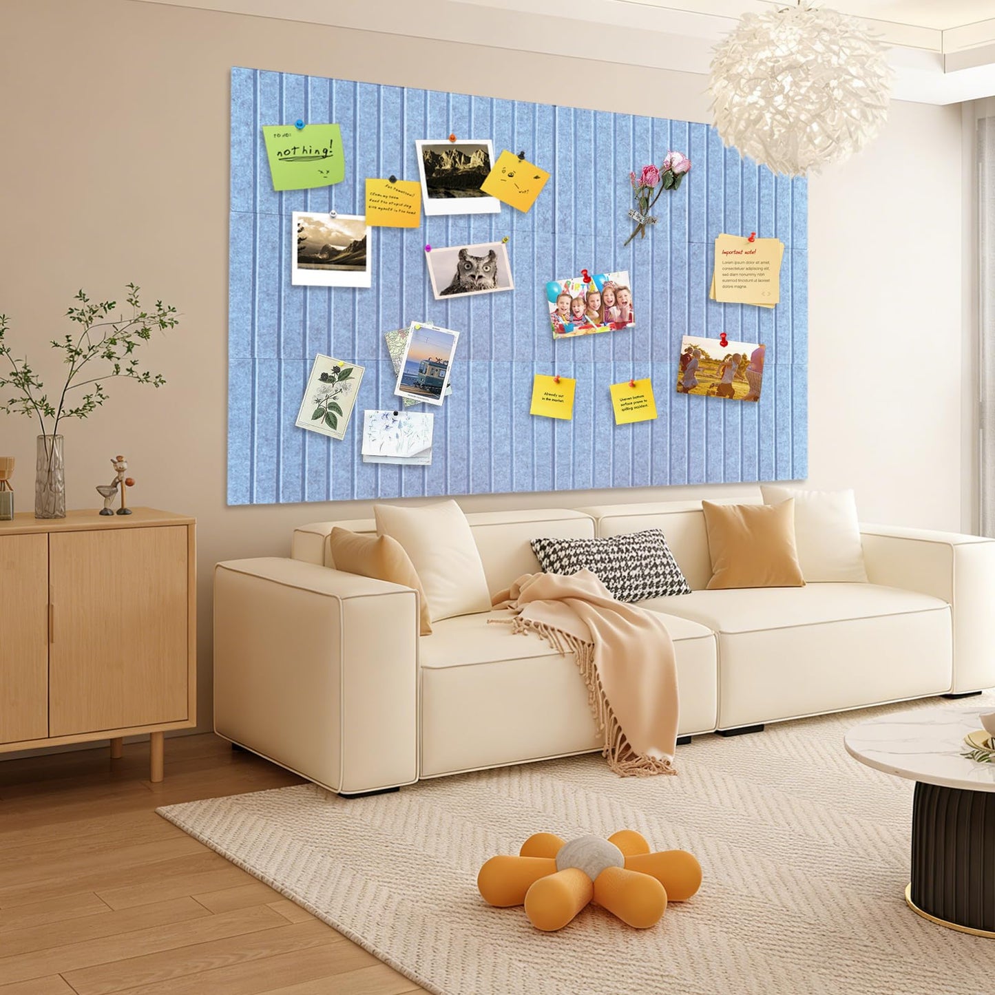 15 Pack Felt Bulletin Board, 35" x 59" Large Light Blue Pinboard with 30 Push Pins, Felt Pin Board, Self-Adhesive Cork Board Tiles for Home, Office Walls, School Classroom Message Photos Display