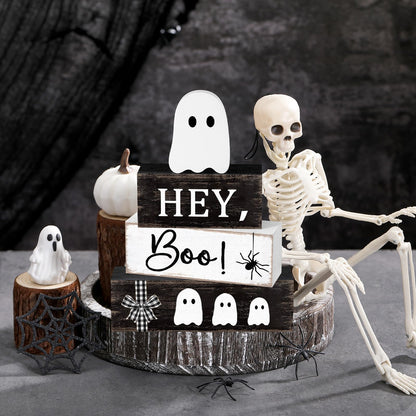 Cinnvoice 4 Pcs Halloween Table Decorations Ghost Tiered Tray Decor Farmhouse Ghost Tabletop Centerpiece Rustic Wooden Block Sign Gift Halloween Decor for Home Office Mantel Kitchen Shelf(Pretty)