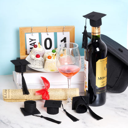 12pcs Mini Graduation Cap for Crafts Black Felt Graduation Hat Bottle Toppers with Tassels Mini Cap Decorations Bottle Toppers for Party Table Decoration (Black)