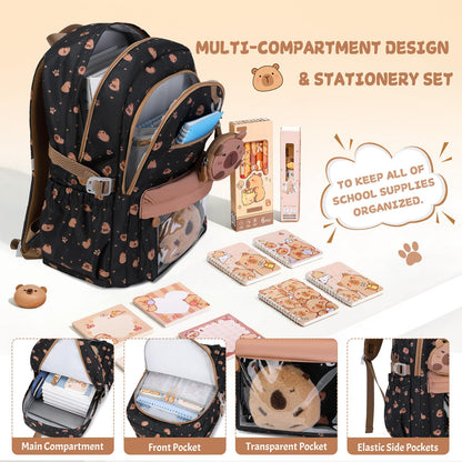 Similove Capybara Theme Backpack for School Girls, 35PCS Kids Backpack Set with School Supplies Stationery Kit Lunch Box Pencil Case, Cute Girls Bookbag for Kindergarten Elementary Student