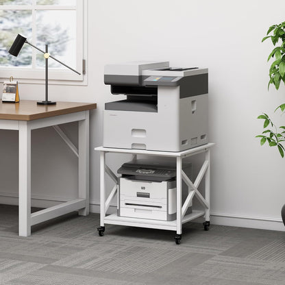 23.6 x 23.6 Inches Large Printer Stand, 2 Tier Square Printer Table with Storage Shelf for Home Office, Multi-use Rolling Cart with Wheels for Laser, 3D Printer and Mini Fridge - White