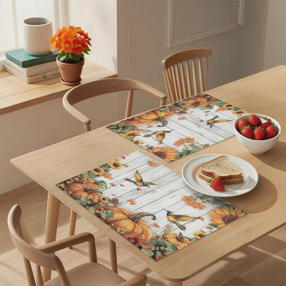 Thanksgiving Day Vinyl Placemats Set of 4 for Dining Tables,Fall Pumpkin Bird Sunflower on Wood Kitchen Table Mats Heat Resistant Washable Wipeable PVC Place Mat for Indoor Outdoor Seasonal Party