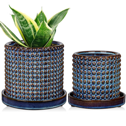DILATATA Set of 2 Ceramic Planter Pots with Drainage Hole and Saucer, Round Flower Pot Hobnail Modern Planter Pots for Indoor & Outdoor Plants - 4 Inch & 6 Inch, Blue