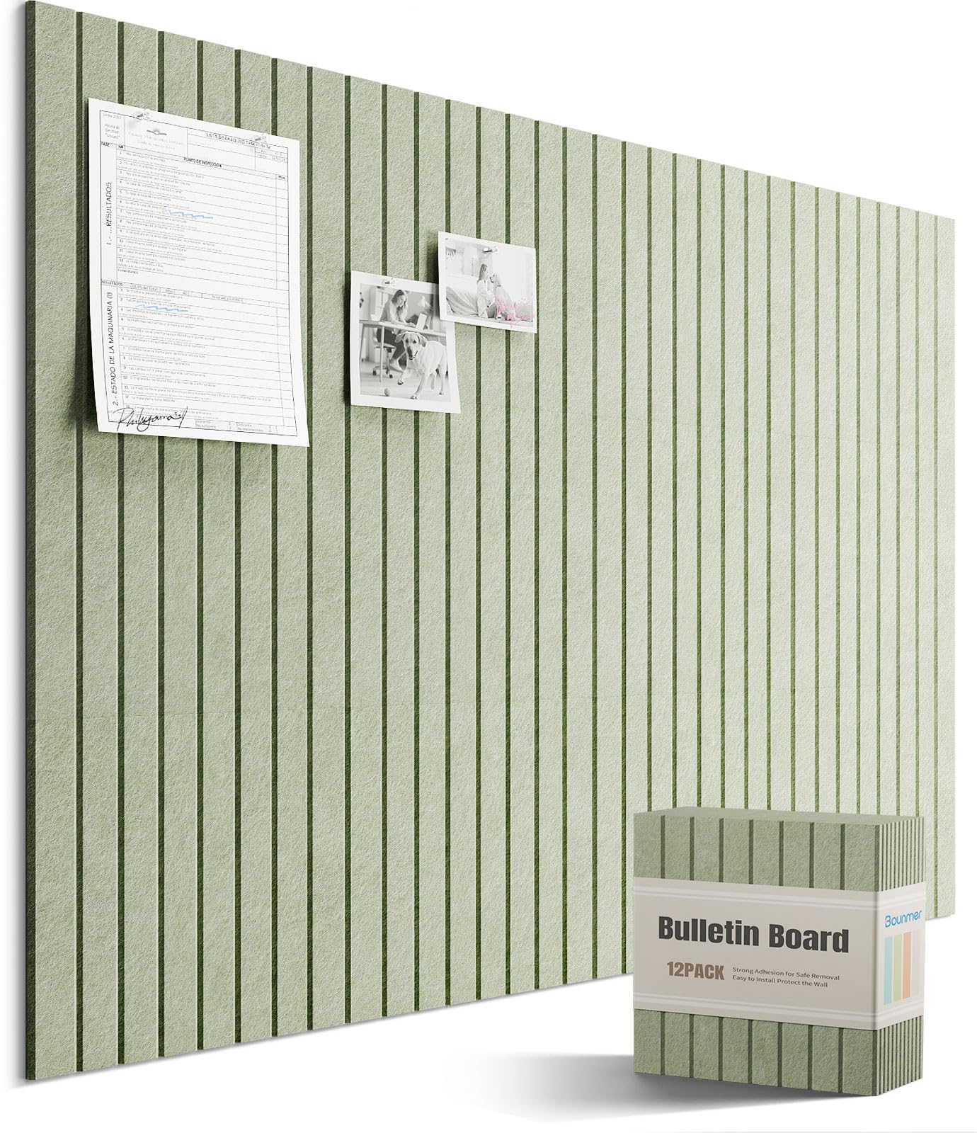 Bounmer Large Cork Board Alternative 48“ x 36”, 12-Pack Felt Bulletin Board Tiles with 60 Safe Removable Adhesive Tabs & 30 Pushpins, Cork Boards for Office Walls Decor (Sage)