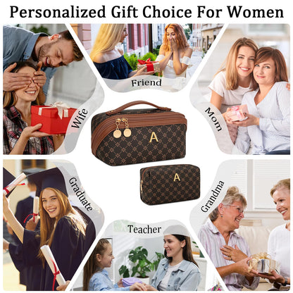 CLOUDWINGS Birthday Gifts for Women Teen Girl, Personalized Initial Makeup Organizer Bag Set, Open Flat Travel Cosmetic Bag With Clear Divider and Handle(Coffee,A)