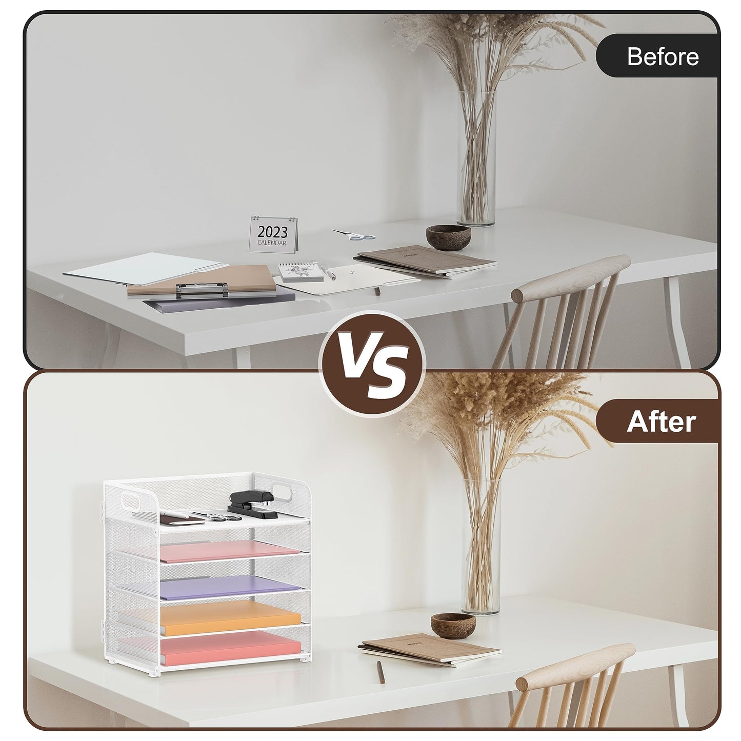 2 Pack 5-Tier White Desk Organizer with Handle Mesh Desk File/Paper Organizer Letter Tray for Office, School and Home Easy Installation