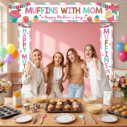 Fanfanwin 3 Pcs Happy Mother's Day Banner Muffins with Mom Decoration Mothers Day Banner Cake Love Mom Thank You Mama Party Supplies for Women Mama Wife Photo Booth Studio Props