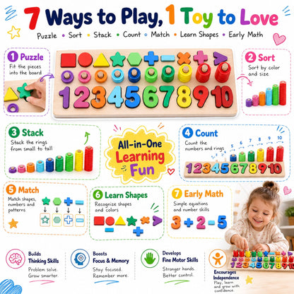 GeroCrew Wooden Montessori Toys for Kids Toddler Number Puzzles Sorter Counting Shape Stacker Stacking Game Preschool Toys for Boy Girl Learning Education Math Blocks Year Old Girl Gifts (Rainbow)
