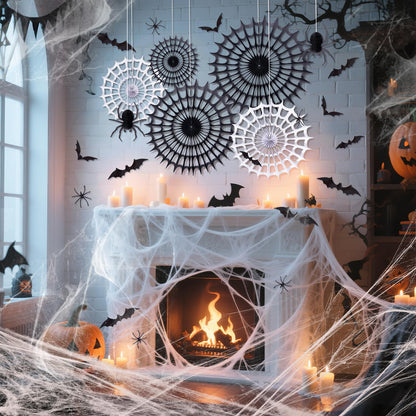 Spider Webs Halloween Decorations with 5 Black White Paper Fans, 6 Fake Spiders and 12 Bat Wall Stickers for Wall Indoor Outdoor Halloween Party Decor