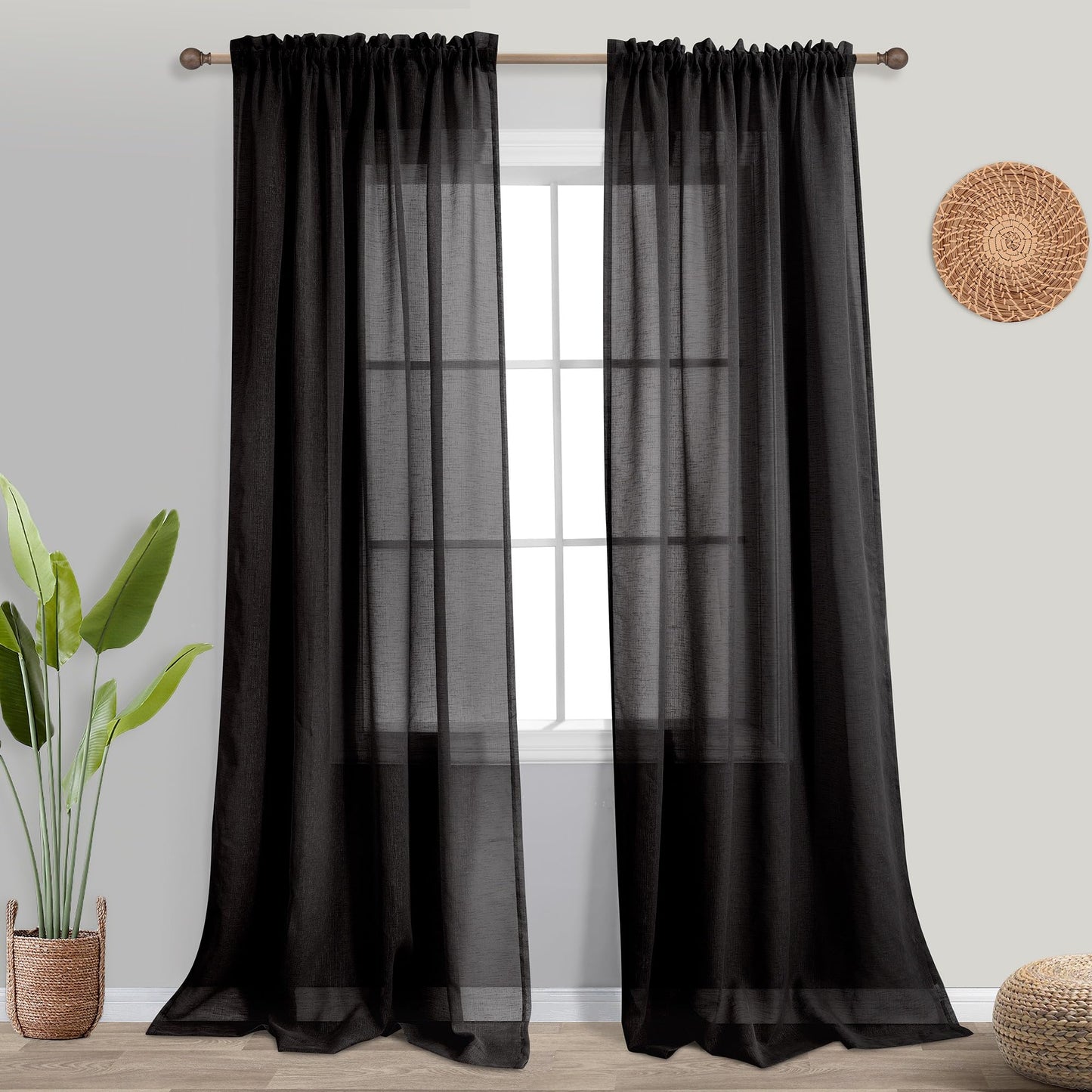 KOUFALL Black Curtains 96 Inches Long for Office,Light Filtering Linen Sheer Curtains for Living Room 96 Inch Length