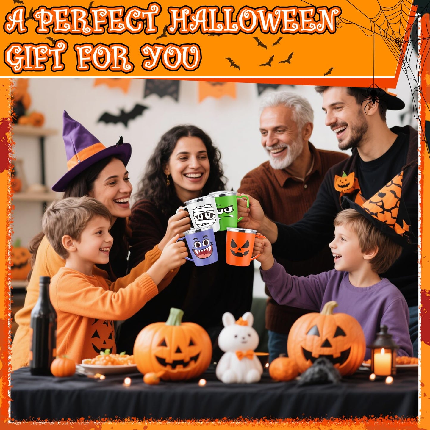 Patelai 6 Sets Halloween Coffee Mugs Cups 16 oz Halloween Stainless Steel Insulated Tumblers Bulk with Handle Lid Straw Brushes Clear Opp Bags Ribbons Spooky Black Cat Ghost Trick or Treat Party Gifts