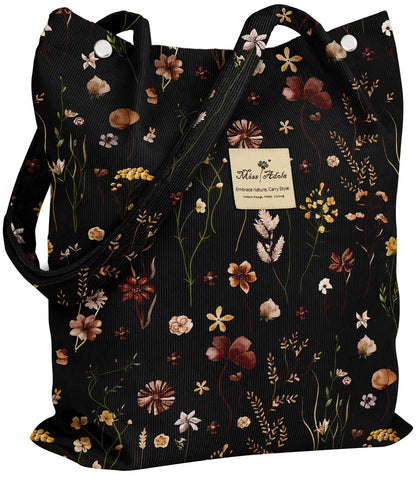Miss Adola Corduroy Tote Bag for Women - Reusable Totes with Magnetic Buckle & Pocket Stylish Aesthetic Design Work Bags for Shopping Travel Grocery Bags, Black Grow Flower