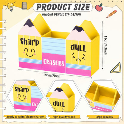 Eaasty Pencil Shaped and Sharp Dull Holder Eraser Wooden Dispenser Pencil Storage 3 Compartments for Back to School Teachers Classroom Organization(1 Pack,Yellow Face)