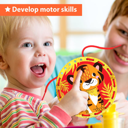 KRAFUN My First Lacing Cards for Boys & Girls Age 3+, 10 Holographic Space Animal Arts & Crafts Projects, Fine Motor Skills Toys with T-Rex Astronaut Rocket Tiger Elephant Dinosaur