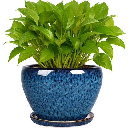 Deep Dream 6 Inch Plant Pots- Ceramic Planter Pot with Drainage Hole and Saucer, Round Flower Pot for Indoor Outdoor Succulent, Snake Plants and Cactus, Blue