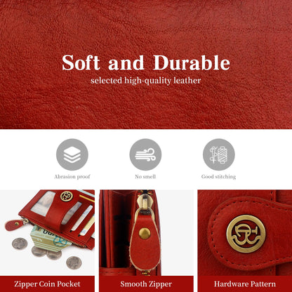Blucoay Leather Wallet Women,RFID Blocking Small Wallet for Women Bifold Compact Slim Wallet Card Holder With Zipper Coin Pocket(Red)