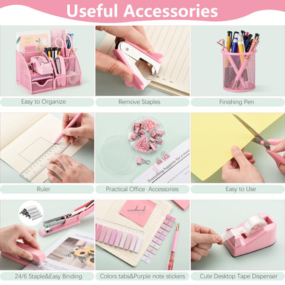 Fayoo 11 Pcs Pink Office Supplies Set Mesh Desk Organizer Accessories Kit include Stapler Tape Dispenser Staple Remover Clips Ruler Scissors Sticky Notes for Office School Home Women (Pink)