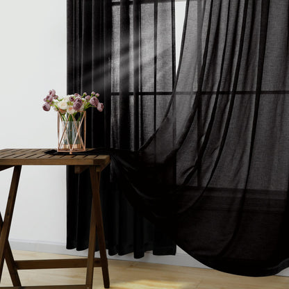 KOUFALL Black Curtains 96 Inches Long for Office,Light Filtering Linen Sheer Curtains for Living Room 96 Inch Length