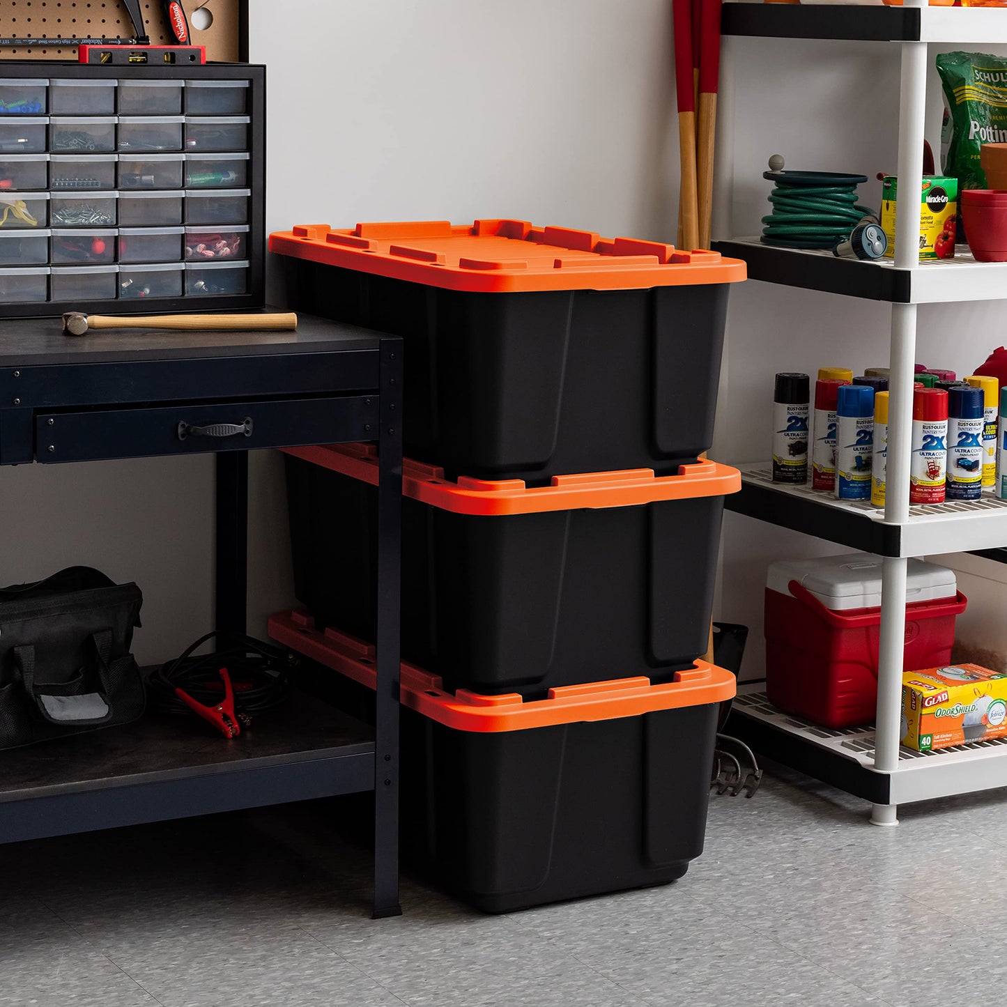 IRIS USA 3-Pack 27 Gallon Storage Bins with Lids |Made in USA| Heavy Duty Plastic Tote Containers for Truckbed Tool Box Organization, Large - Orange