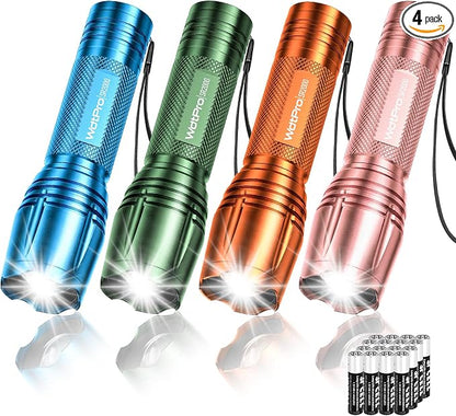 WdtPro LED Flashlight High Lumens SR2000 Pro, 4 Pack Brighter Tactical Flashlights with 5 Modes & Zoomable, Powerful Mini Flash Light for Emergency, Camping, Hiking (Colorful)