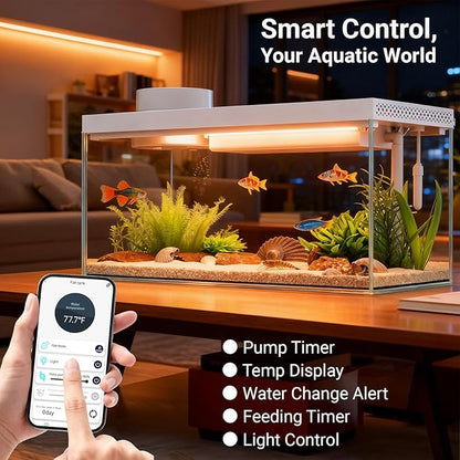1.3 Gal Glass Desktop Fish Tank Kit with Bluetooth App Control - Automatic Feeder, RGB Lighting, Temperature Monitor & Self-Cleaning Filtration - Small Aquarium for Betta, Guppy, Shrimp