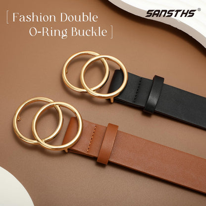 SANSTHS 2 Pack Women Leather Belts Faux Leather Jeans Belt with Double O Ring Buckle Black Brown M