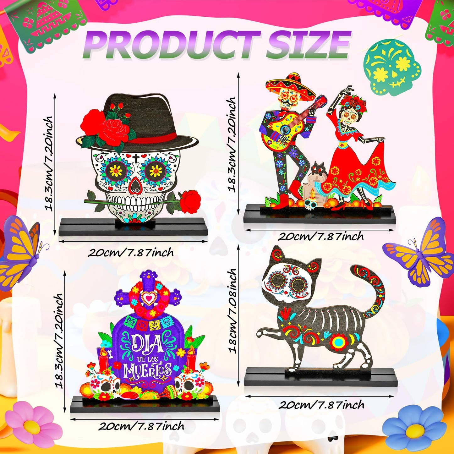 HOWAF 4PCS Day of The Dead Table Decorations,Wooden Mexican Dia De Los Muertos Altar Centerpiece with Sugar Skull Dancing Ghost Skeleton Couple Skeleton Cat Altar for Day of The Dead Alter Decor