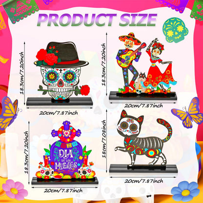 HOWAF 4PCS Day of The Dead Table Decorations,Wooden Mexican Dia De Los Muertos Altar Centerpiece with Sugar Skull Dancing Ghost Skeleton Couple Skeleton Cat Altar for Day of The Dead Alter Decor
