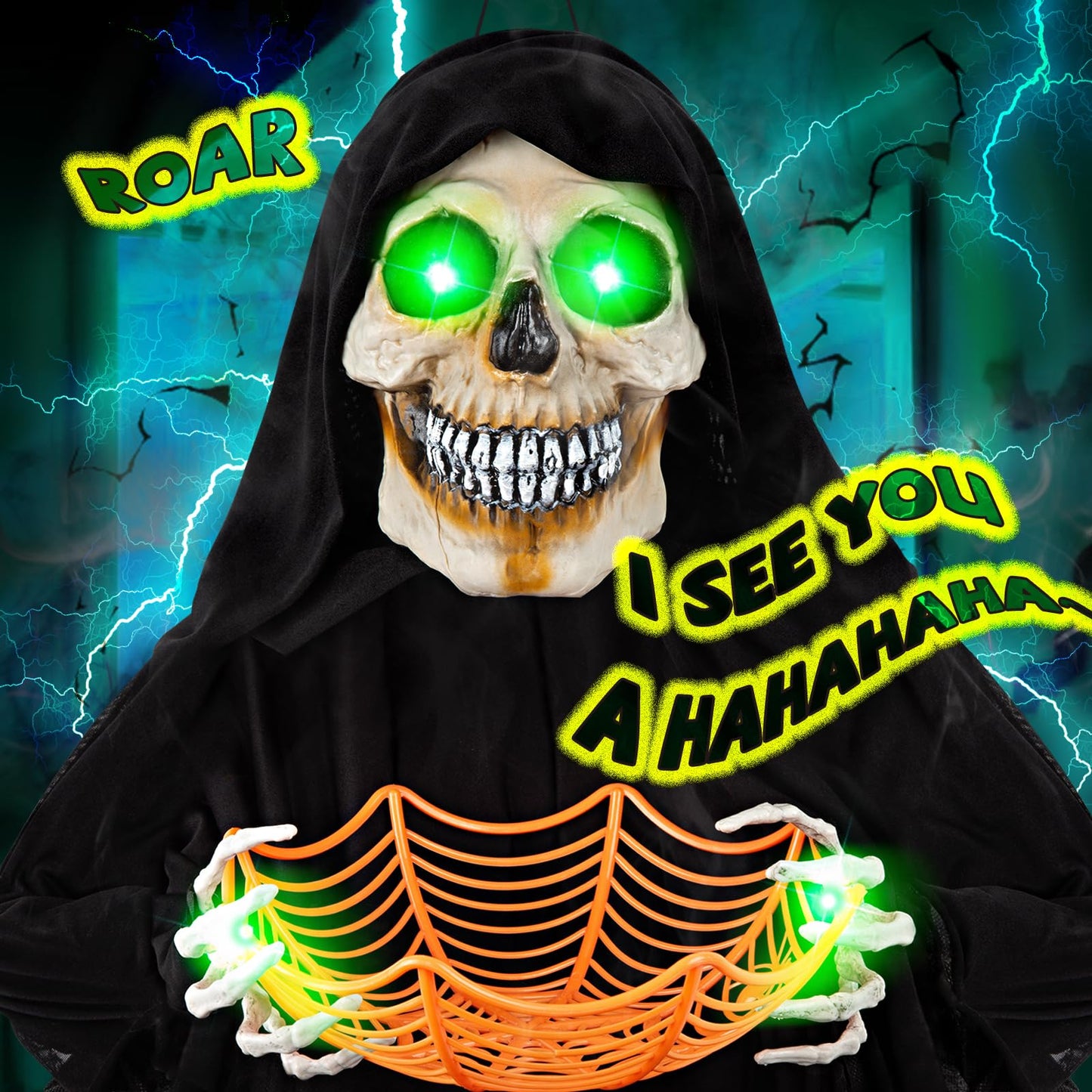 71” Halloween Hanging Animated Skeleton Ghost Decoration with Sound Activated, Candy Dish, Glowing Eyes, Spooky Sounds for Halloween Haunted House Prop and Party Decor, Indoor/Outdoor Display