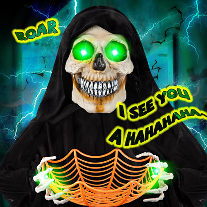71” Halloween Hanging Animated Skeleton Ghost Decoration with Sound Activated, Candy Dish, Glowing Eyes, Spooky Sounds for Halloween Haunted House Prop and Party Decor, Indoor/Outdoor Display