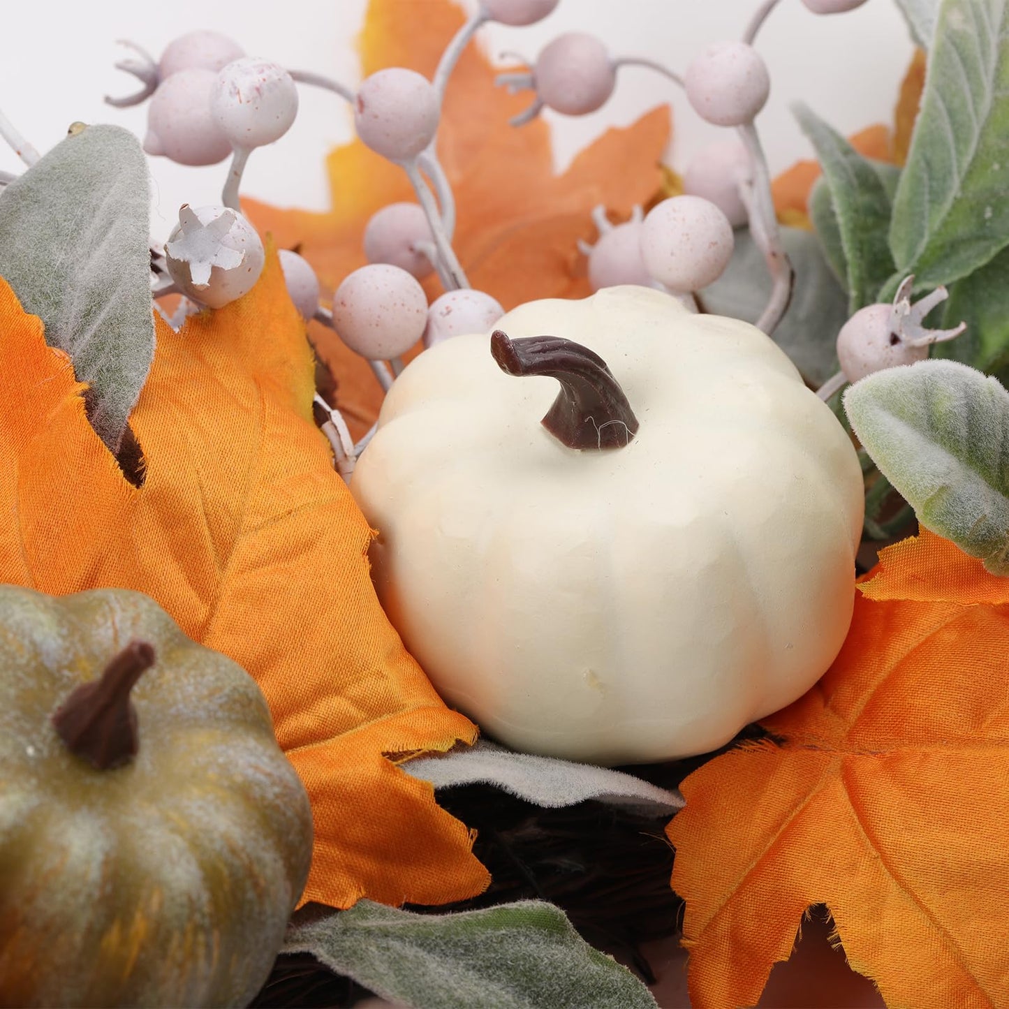 MAINGKAUNG Artificial Fall Wreath 22 Inch Fall Wreaths for Front Door with White Pumpkins Oeange Maple Leaves Lamb's Ear and Berries Autumn Wreath Thanksgiving Harvest Wreath for Festival Wall Porch